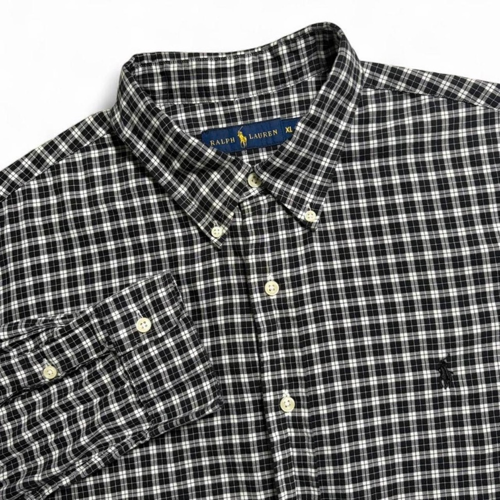 Ralph Lauren Long Sleeve Button Up Shirt Size XL White Black Plaid Check Preppy